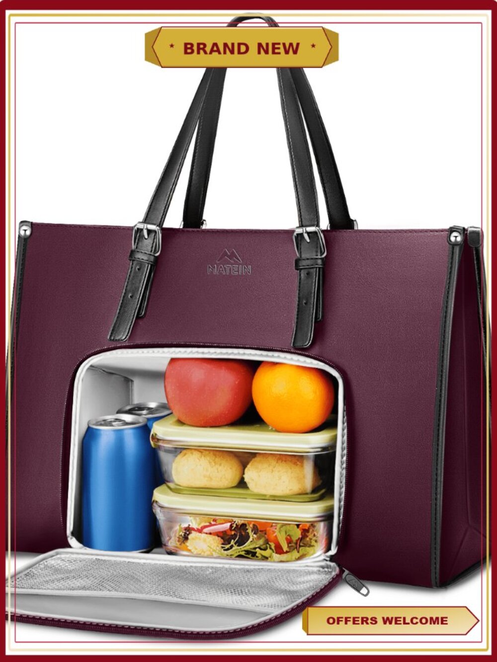 Waterproof PU Leather Laptop Tote Bag 15.6 Inch Work Shoulder Bag Insulated